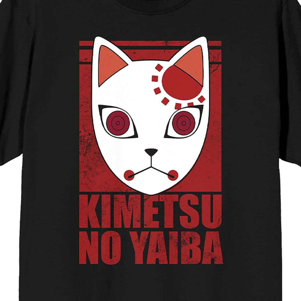 Demon Slayer Fox Mask Black Crew Neck Short Sleeve T-Shirt