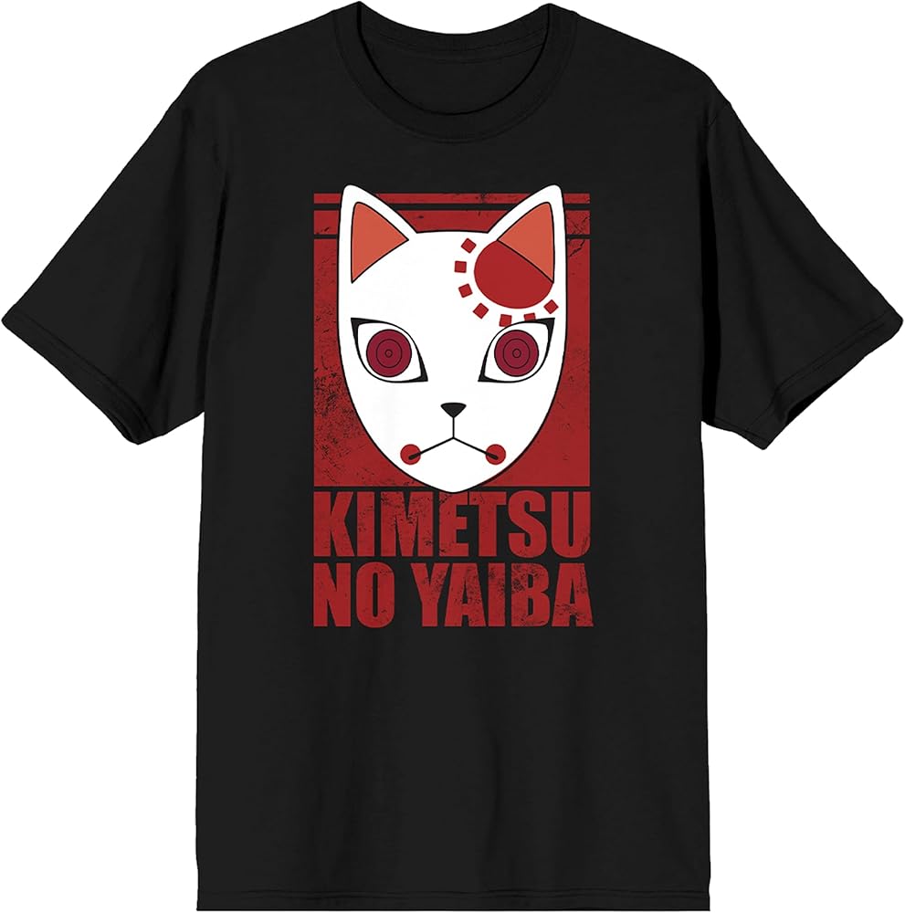 Demon Slayer Fox Mask Black Crew Neck Short Sleeve T-Shirt
