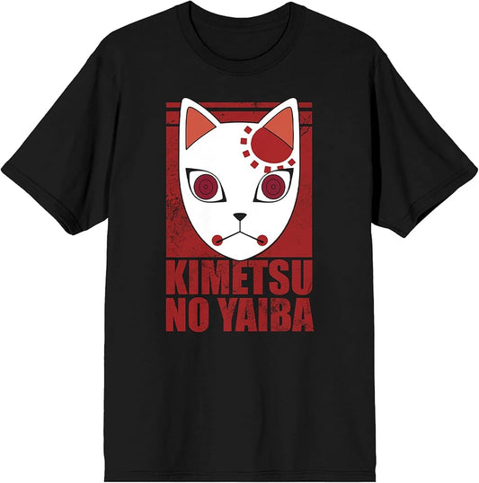 Demon Slayer Fox Mask Black Crew Neck Short Sleeve T-Shirt